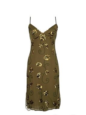 Vintage Betsey Johnson Olive Floral Sequin Midi Slip Dress 10
